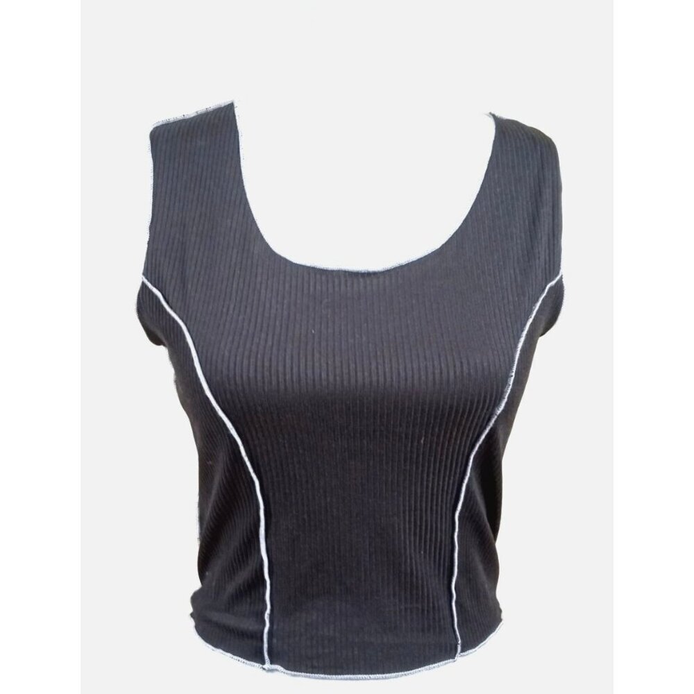 Windsor Sexy Sleeveless Black Top Size Small with White Piping - Picture 2 of 8